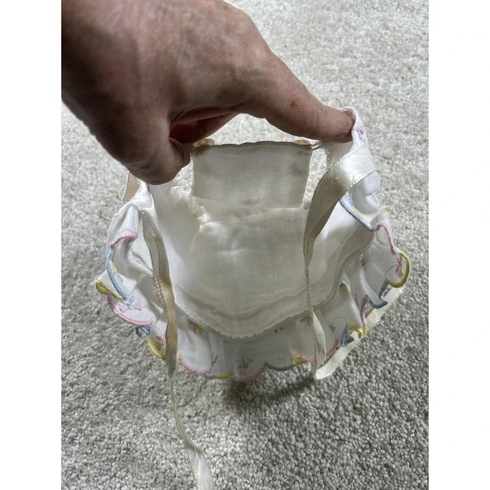 Vintage Infant Baby Bonnet Eyelet Embroidered Pastel‎ Bows Lace Ruffle Tie Trim